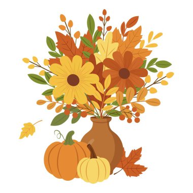 Çiçekler, bitkiler, böğürtlenler, balkabakları, seramik vazoda dallar olan sonbahar buketi. Sonbahar kompozisyonu. Vektör illüstrasyonu