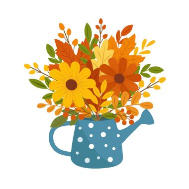 Sulama kabında sonbahar buketi. Sonbahar kompozisyonu. Vektör illüstrasyonu