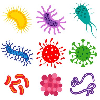  Salgın konsepti için bakteri ve mikroplar renkli.