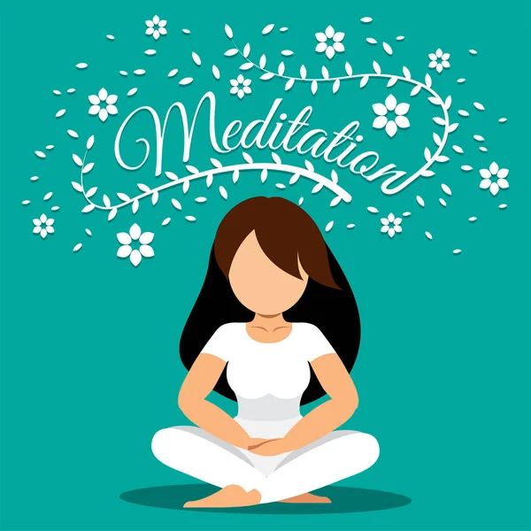 Woman Meditating White Flowers — Stock Vector