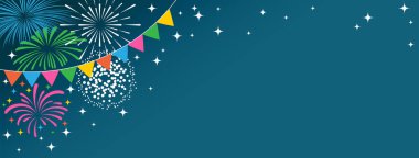 Kutlama partisi kutlaması ya da yıldönümü posteri için mavi arka planda renkli havai fişekler.