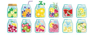 Sağlıklı konsept için karışık taze meyveli erimiş su koleksiyonu