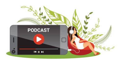 Kadın cep telefonunda oturuyor ve Podcast konsepti için podcast dinliyor