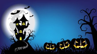 Cadılar Bayramı balkabakları ve perili şato dolunay gecesi mavi arka planda