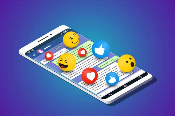 Smartphone moderne avec application Messenger sur son écran et 3d Emoji dessus. Illustration isométrique — Image vectorielle