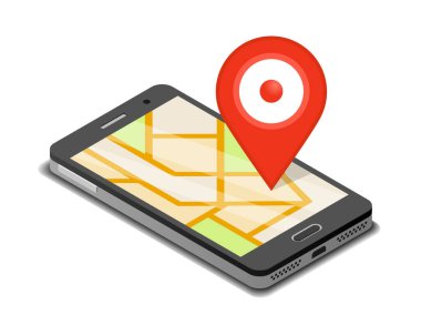 Akıllı telefon, mobil navigasyon uygulaması ve harita şifresi. İzometrik illüstrasyon