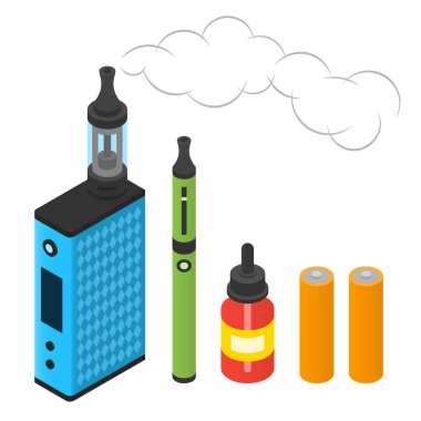 Kutu modu, piller, e-sigara ve buhar için meyve suyu. İzometrik illüstrasyon