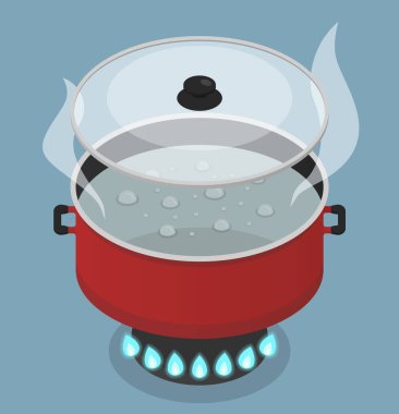 Red pan with lid and boiling water on gas burner. Vector isometric illustration clipart