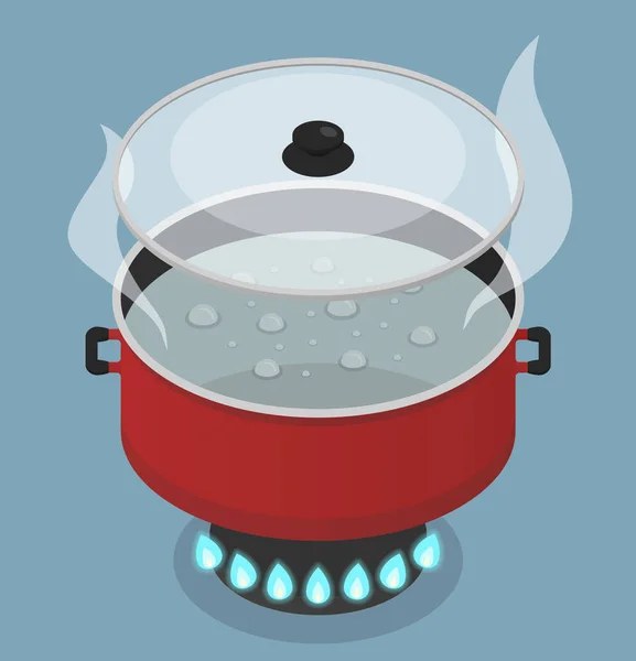 Red Pan Lid Boiling Water Gas Burner Vector Isometric Illustration — Stock Vector