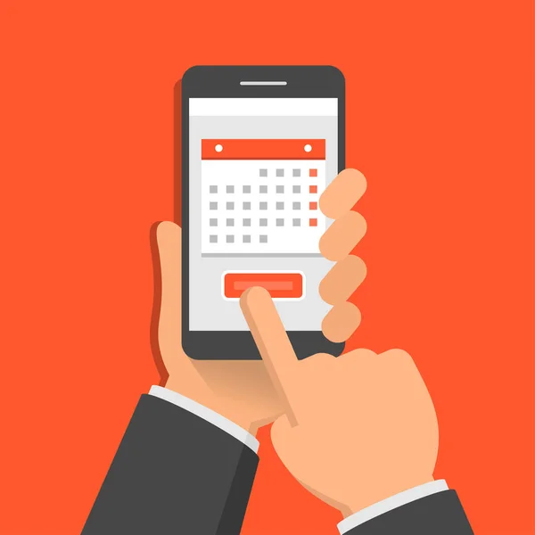 Begreppet Mobil Applikation För Kalender Hand Håller Smartphone Och Fingerpekskärm — Stock vektor