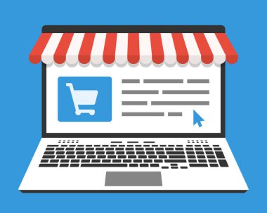 Dizüstü bilgisayar ve web mağazası ekranda. Düz tasarım tarzında vektör illüstrasyonu