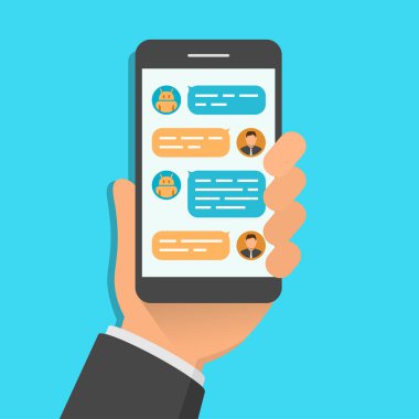 Ekranda sohbet eden robot uygulaması olan akıllı telefonu tutuyorum. Düz tasarım vektör çizimi