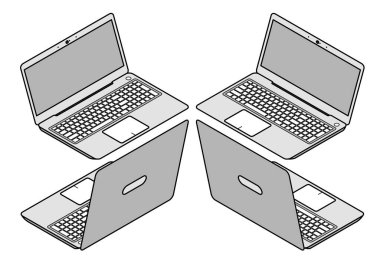 Dört görünümlü Isometric laptop, ana hatlar biçiminde vektör illüstrasyonu