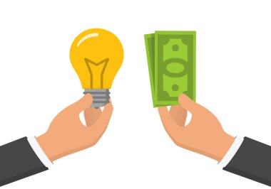 Bir elinde ampul, diğerinde de para var. Düz tasarım illüstrasyon, para fikri