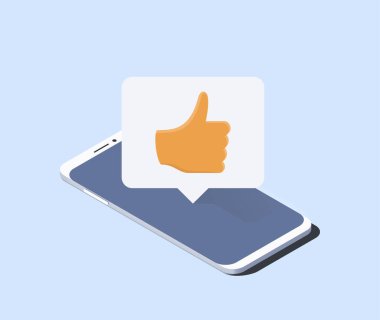 Akıllı telefon ve tebligata başparmak işareti ile bas. İzometrik vektör illüstrasyonu