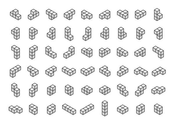 Тетроміно Блоків Ізометрії Векторний Набір Піктограм Стилі Тонкої Лінії — стоковий вектор
