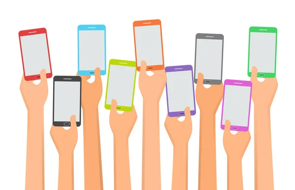 Eller Akıllı Telefonları Kaldırsın Düz Biçimli Vektör Illüstrasyonu — Stok Vektör