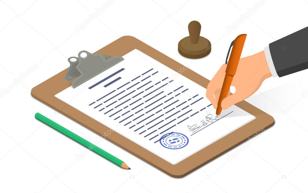 Hand signing document on clipboard accompanied by pencil and stamp. Isometric vector illustration