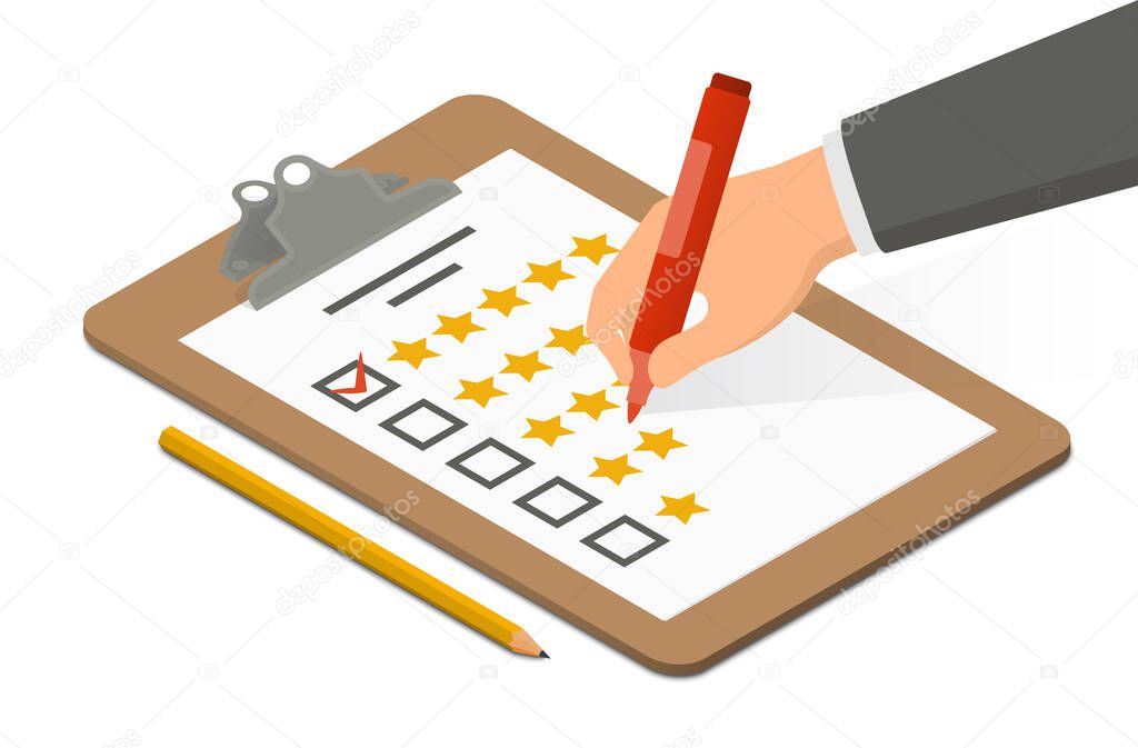 Hand holding highlighter over rating blank on clipboard accompanied by pencil. Isometric vector illustration