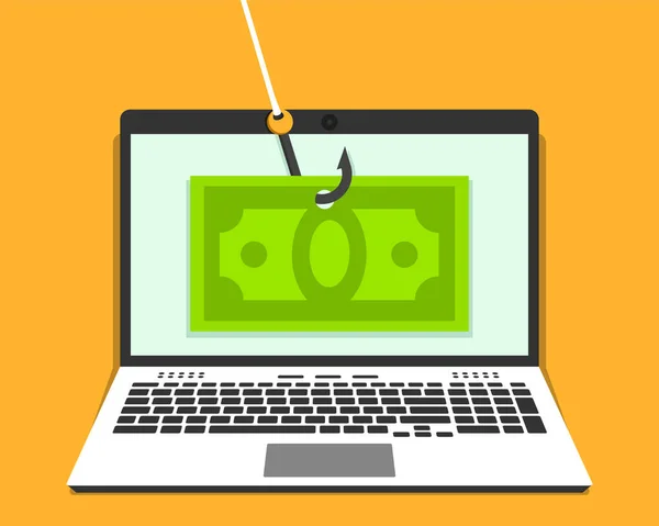 Laptop Met Geld Factuur Haak Het Scherm Phishing Concept Vector — Stockvector