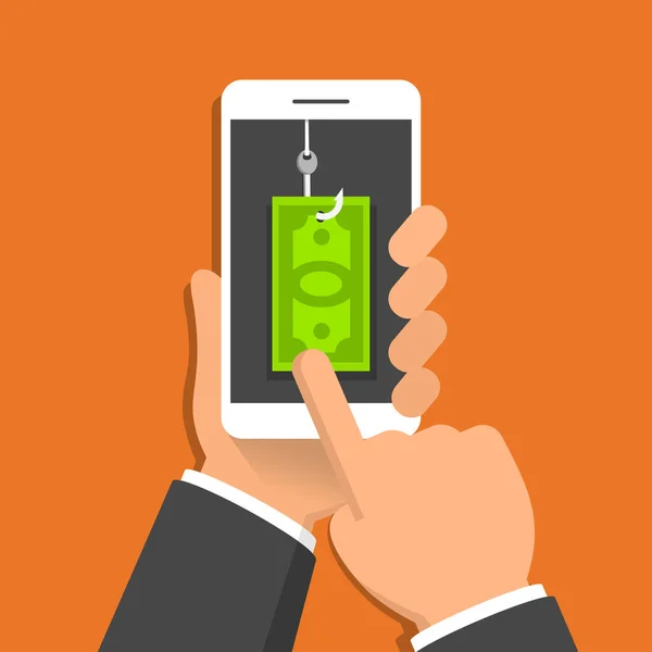 Handheld Smartphone Met Geld Factuur Haak Het Scherm Phishing Concept — Stockvector