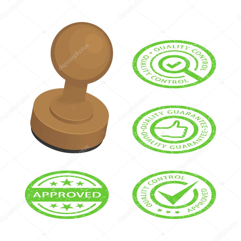 Approved and quality control stamps. Vector isometric illustration