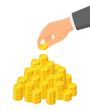 Bir yığın bozuk para ve üstüne para koyan bir el. Tasarruf konsepti. Vektör izometrik illüstrasyon