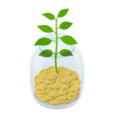 Kavanozdaki madeni paralar - tasarruf konsepti. İzometrik vektör illüstrasyonu