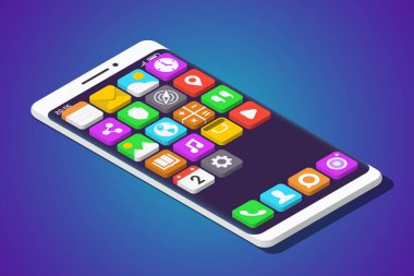 Üç Boyutlu Mobil Uygulamalı Modern Akıllı Telefon. Isometric Vektör İllüstrasyonu