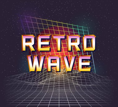 Vector Retro Futuristic Illustration in Style of 80. Dış uzayda lazer örgü dağ manzarası ve Kırmızı Gezegen üzerinde 'Retrowave' metni