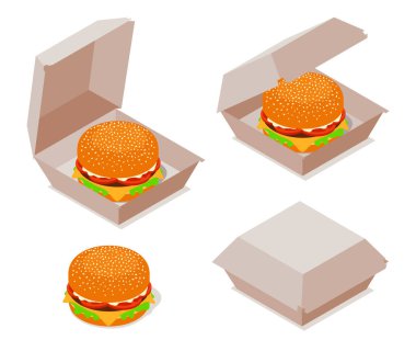Açık ve Kapalı Karton Kutulu Burger. Isometric Vektör İllüstrasyonu