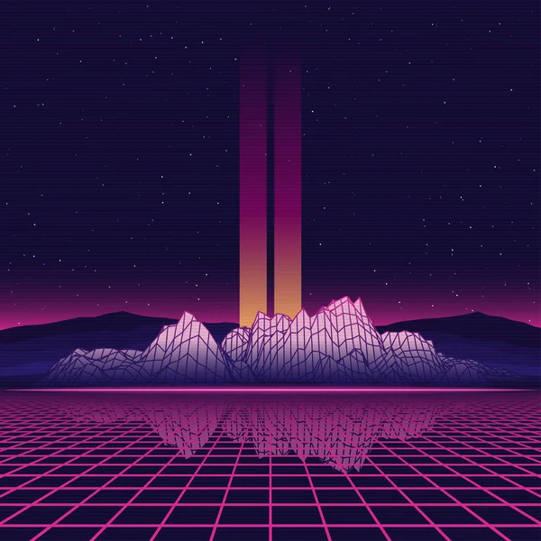 Illustration Futuriste Rétro Vectorielle Des Années Grille Laser Montagnes Filaires — Image vectorielle