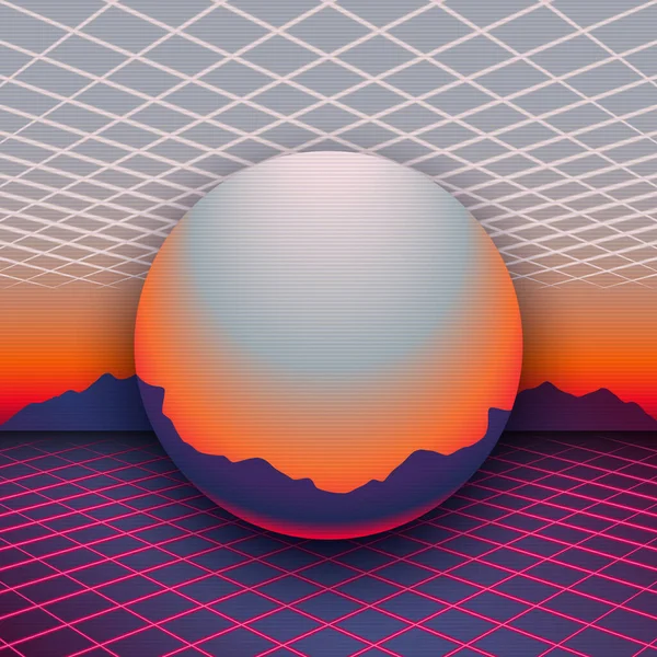 Retro 80S Futurystyczny Design Zachód Słońca Góry Horyzoncie Chromowany Glob — Wektor stockowy