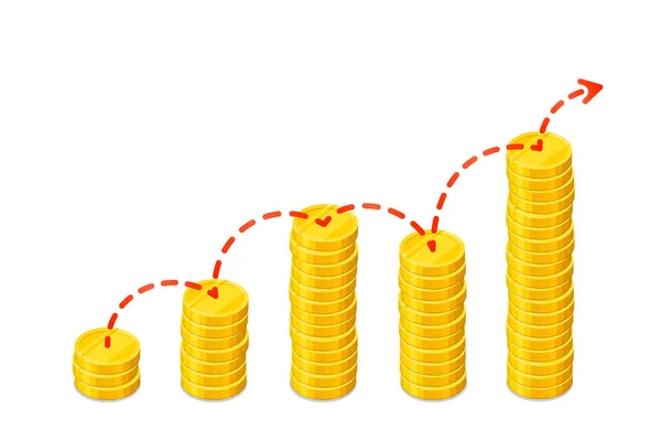 Gráfico Columnas Monedas Oro Con Flecha Roja Rayada Ilustración Isométrica — Vector de stock