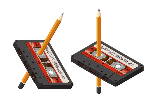 Isometrische Isolierte Kompaktkassette Und Bleistift Als Werkzeug Zum Rückspulen 80Er — Stockvektor