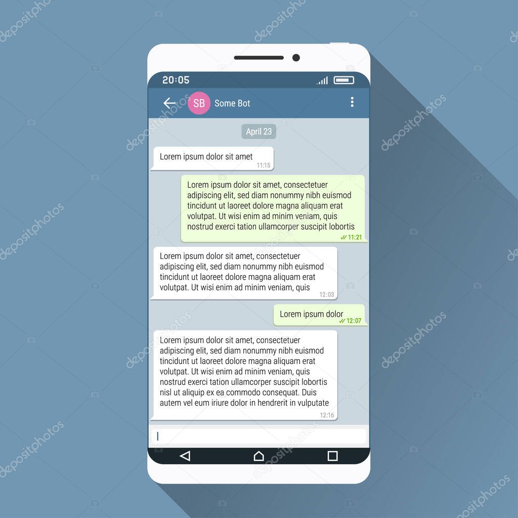 Smartphone and messenger application on its screen. Flat design illustration