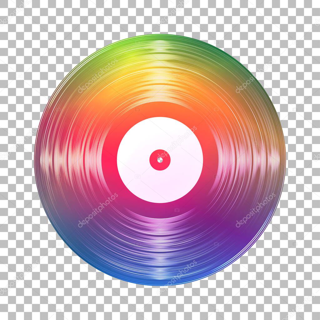 Gramophone rainbow vinyl LP record template isolated on checkered background. Vector illustration