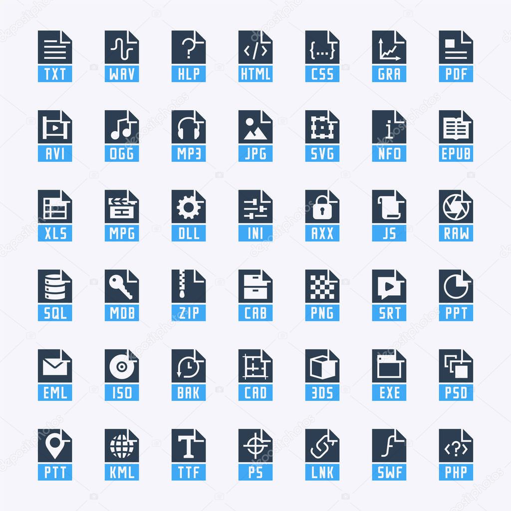 File formats vector icon set in glyph style