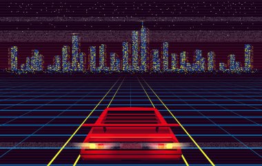 Lazer ızgarası üzerinden Gece Şehrine Kırmızı Araba Yarışı. 80 'ler tarzında Retro Futuristik Şablon. Synthwave, Retrowave Teması