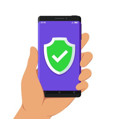 Yeşil Kalkanlı El Tutma Akıllı Telefonu ve Ekranında İşaretle, Düz Tasarım Çizimi