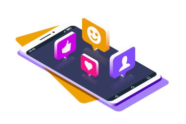 Üzerinde Sosyal İletişim Simgeleri olan Modern Akıllı Telefon. Isometric Vektör İllüstrasyonu