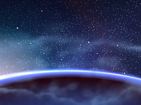 Vektorillustration Von Blauem Planeten Und Sonnenaufgang Tiefen Sternenhimmel — Stockvektor