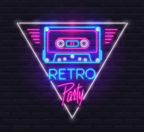 Neonowy Znak Kasety Magnetofonowej Trójkącie Tekstem Retro Party Stylu Lat — Wektor stockowy