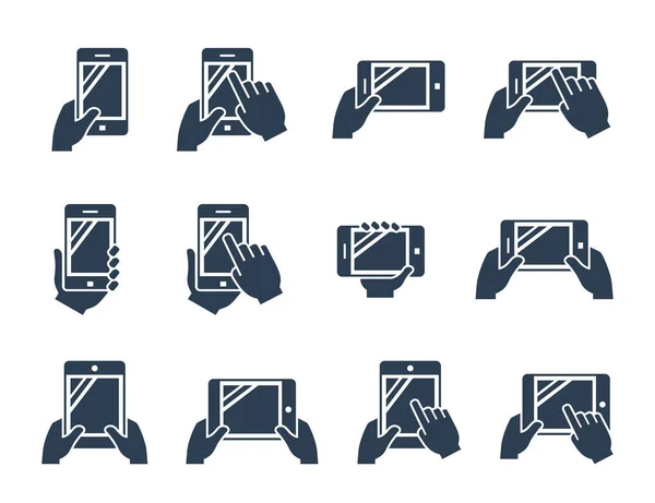 Icon Set Hands Holding Smartphone Tablet Glyph Style — Stock Vector