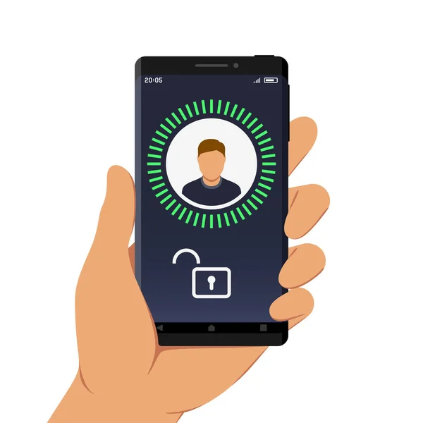 Handhaltendes Smartphone Mit Gesichtserkennung Oder Gesichtserkennungs App Auf Dem Bildschirm — Stockvektor
