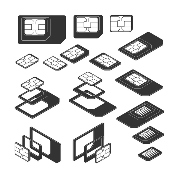 Tres Tipos Tarjeta Sim Estándar Micro Nano Top Vistas Isométricas — Vector de stock