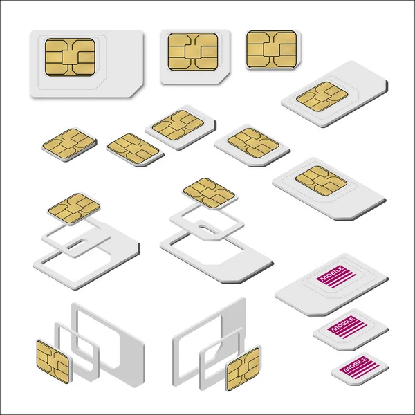 Tres Tipos Tarjeta Sim Estándar Micro Nano Top Vistas Isométricas — Vector de stock