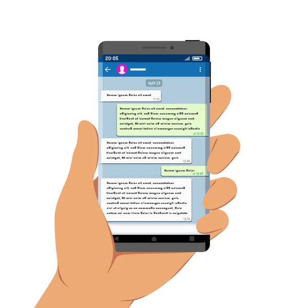 Hand Hålla Smartphone Med Messenger App Sin Skärm Platt Design — Stock vektor