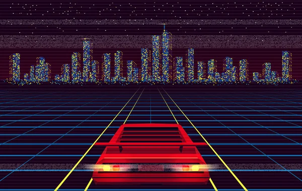 Red Car Racing Naar Night City Laser Grid Retro Futuristische — Stockvector