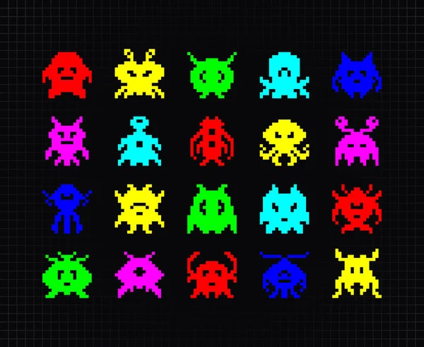 Set Colorful Pixel Art Monsters Aliens — Stock Vector